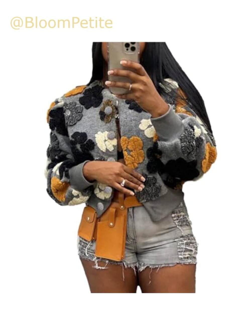 Cropped Floral Print Shacket Button Front Puff Sleeve Casual Jacket